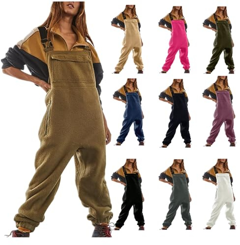 Generisch Jumpsuits Für Damen Fleece Warme Overalls Lässiger Latzhose Arbeitshose Winter Latzhosen Mit Taschen Lose Overall Jahrgang Haremshose Verstellbare Riemen