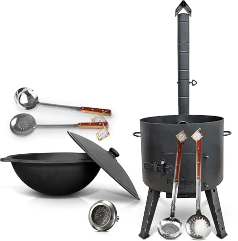 Utschak Feuerofen Ø 52,7 cm mit Thermometer Gusseisen Topf runder Boden mit Deckel (22 L) Ø 49 cm KazanoFF, Учаг, Kazan Outdoor, Feuerschale, Camping, Kazan, Gulaschkanone Dutch Oven (Set 5)