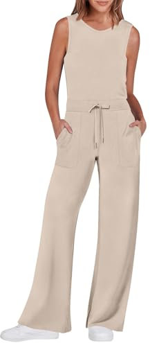 RMBLYfeiye Jumpsuit Damen Sommer Einfarbiges Rundhals Ärmelloser Lang Tunnelzug Overall Mit Taschen Straight Leg Festlich Hosenanzug Business Playsuit Casual Romper Schlaghose