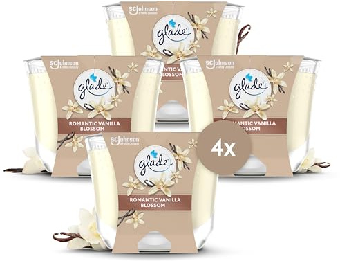 Glade Bougie Vegan Longue Durée Parfum Infusé Huiles Essentielles - Nouvelle Formule Sans Huile De Palme - Romantic Vanilla Blossom - 4 Bougies