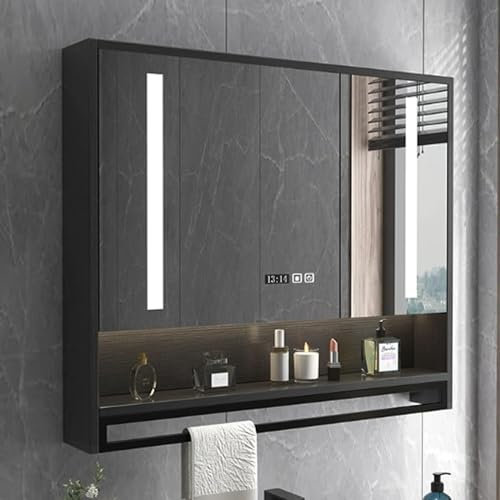 MPFYRCOJ Medizinschrank mit HD-Spiegel, Badezimmerspiegel mit Antibeschlag, moderner intelligenter Medizinschrankspiegel mit LED-Leuchten, Badezimmer-Aufbewahrungsorganisator, Uhr- und Temperaturanze