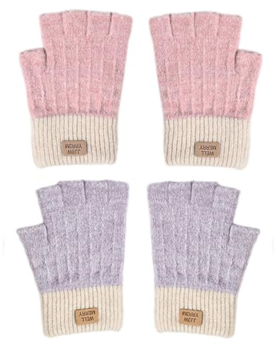 Irunfast 2Pcs Women's Winter Half Finger Gloves, Warm Ladies Winter Fingerless Knitted Gloves for Cell Phone, Skiing, Cycling, Offic (Purple Grey + Pink)