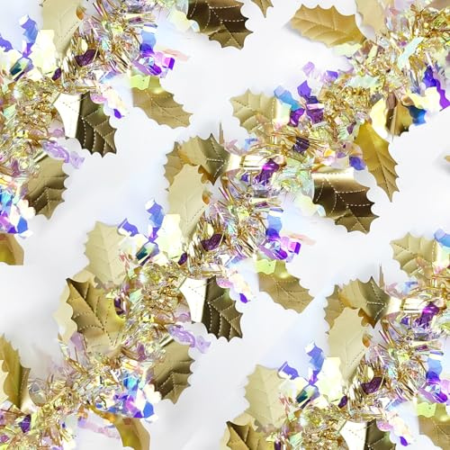 Christmas Iridescent Tinsel Garland with Holly Leaves, 32.8ft/10 Metres, Shiny Metallic Twist Garland for Christmas Tree, Ceiling Hanging, Stairs Decoration, Holiday Party Supplies (Gold)