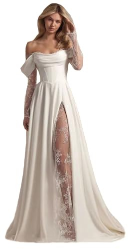 TSxuelian Damen Schulterfreies Brautkleid für Braut Satin A-Linie Bohe Brautkleider, A-Elfenbein, 42