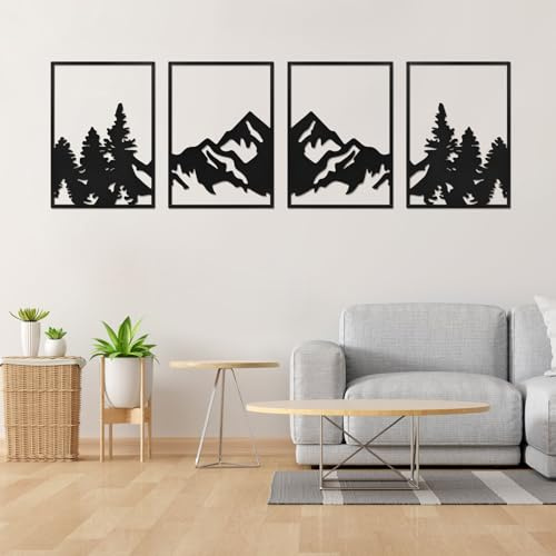 Figarge 4 Stück Wanddeko Metall Schwarz,Große Berge Wanddekoration Minimalistischer Stil für Zuhause Büro Schlafzimmer, Wohnzimmer, Küche, Drinnen und Draußen,Wanddeko, Wandbild Metall