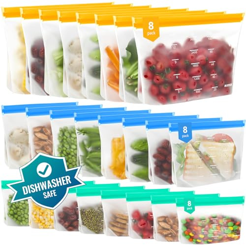 IDEATECH Lot De 24 Sacs Congelation Réutilisables Avec Zip Sans BPA Lavables Sacs Alimentaires En Silicone Grand Format Pour La Conservation Congélateur