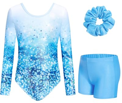 JiAmy Body da ginnastica per ragazze con pantaloncini, a maniche lunghe, per bambini, 3-12 anni, Blue Star Gradient-Set, 3-4 Years