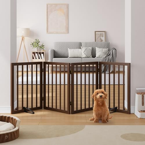 Selbsttragende Bambus-Holzbarriere für Hunde, 4-teiliges Sicherheitsgitter mit 2 Stützen und 360°-Scharnier für Türen und Treppen, vollständig montiertes Sicherheitsgitter, 188 cm Selbsttragende