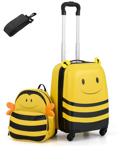 GOPLUS Valise Cabine Enfant 16 & Sac à Dos Enfant 12, Bagage Voyage Enfant Abeille avec Harnais de Sécurité, Carte de Visite & Poignée Réglable, Petite Valise a Roulette pour 3+ Ans