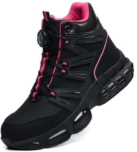 KOIFISH Sicherheitsstiefel für Herren und Damen, wasserdicht, hohe Oberseite, Arbeitsstiefel, Luftpolster, leichte Arbeitsschuhe, Stahlkappe, Größe 36-47, rose, 38 EU