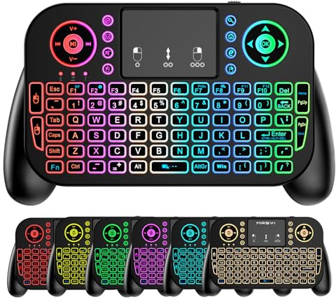 MRSVI Mini tastiera Bluetooth 2,4 GHz e doppia modalità con touchpad – retroilluminazione a 7 colori, tasti multimediali, ricaricabile, per Android TV Box, Smart TV, proiettore, PS3, PC, tablet