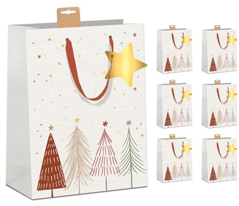 PremiumLine Geschenktüten Weihnachten Groß, 6 Stück | Aus Naturkarton & FSC®-zertifiziert | Mit Baumwollband & Beschriftungskarte | Stabiler Boden & Randverstärkung | DIN A4 (26x32x12cm)