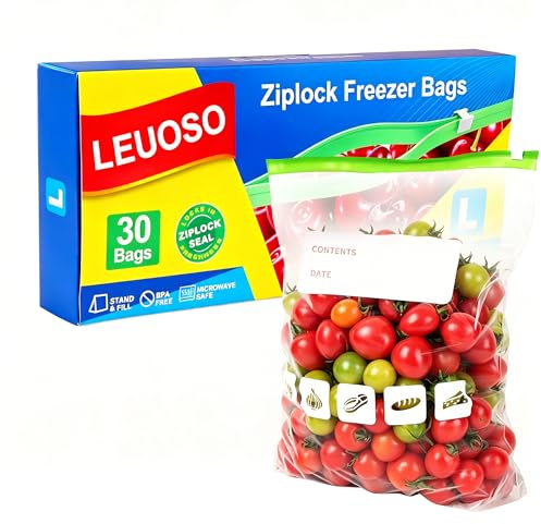 Large Ziplock Freezer Bags 30pcs, 6L Reusable Food Storage Bags BPA Free Sandwich Bag Zip Seal Plastic Bag with Expandable Bottom for Food, Meat, Grains, Fruits, Vegetables