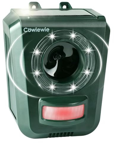 Cowiewie Répulsif pour Chats pour Jardins, Répulsif Solaire à Ultrasons avec Flash LED, Détecteur de Mouvement PIR 110°, Étanche, pour Jardin, Cour et Piscine