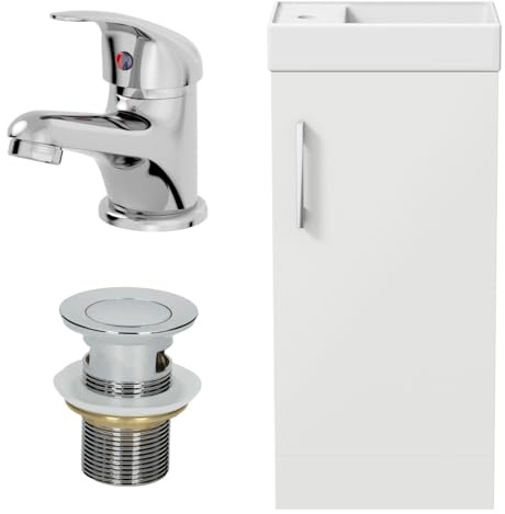 BAYSTONE 400mm Bathroom Vanity Unit Ceramic Wash Sink Floorstanding Storage Cabinet Reversible Soft Close Cupboard & Essentials Basin Mixer Tap & Waste Set, White Gloss