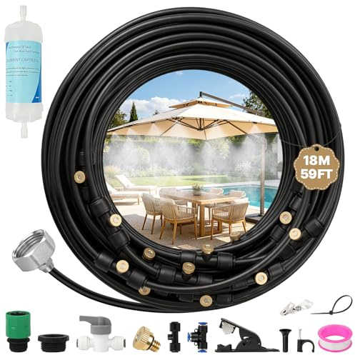 Nebulizador Terraza,Pulverizador Agua Exterior,Kit Nebulizadores Difusor Agua,18M Manguera 25 Aspersores Conector de Boquilla Tobera T,Sistema Vaporizador Nebulización para Jardín Terraza Sombrillas