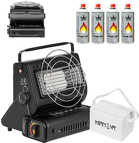 Mianova Keramik Gas Camping Heizung Kocher 90° drehbar 1,3 KW Heizstrahler Gasheizung Campingkocher Gaskocher Notfallkocher 4 Glasflaschen Gaskartuschen