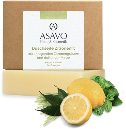 ASAVO Premium Naturseife Zitronenfit BIO, handgemachte Seife mit Bio-Karitébutter, mit dem Duft von Zitronengras & Minze, vegan, 1x95g