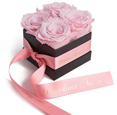 Infinity Rosenbox mit Wunschtext konservierte Rosen haltbar 3 Jahre - Flowerbox mit personalisierbarem Band (Rosa)