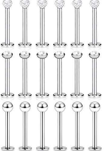 SCERRING 18PCS 16g Stainless Steel Clear Cubic Zirconia Labret Monroe Lip Tragus Cartilage Helix Earring Ring Body Piercing Jewelry 10mm - Silver