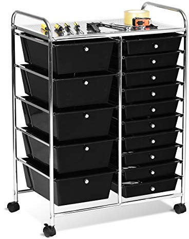 COSTWAY Rollwagen mit 15 stapelbaren Schubladen (Schwarz) | Rollcontainer mit Metallgestell & Ablagefläche, Badrollwagen Aufbewahrungswagen für Büro, Wohnzimmer, 62,5 x 37 x 87 cm