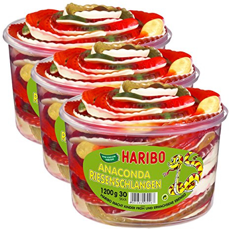 Haribo Anaconda Riesenschlangen Fruchtgummi – 3er Pack (3 x 1200 g) – Bunte XXL Gummischlangen – Fruchtige Kaubonbon-Süßigkeit – Ideal zum Teilen & Naschen