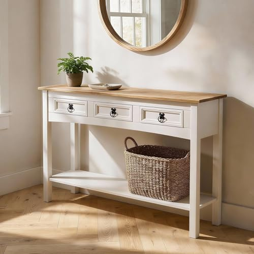 IDIMEX Console Campo Meuble Style Mexicain, Table Console Fabriquée en Pin Massif, 3 Tiroirs, 1 Étagère, Poignées en Métal, Console Finition lasurée Blanche