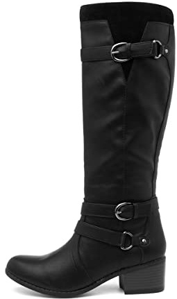 Lilley Womens Black Heeled Buckle Knee High Boot