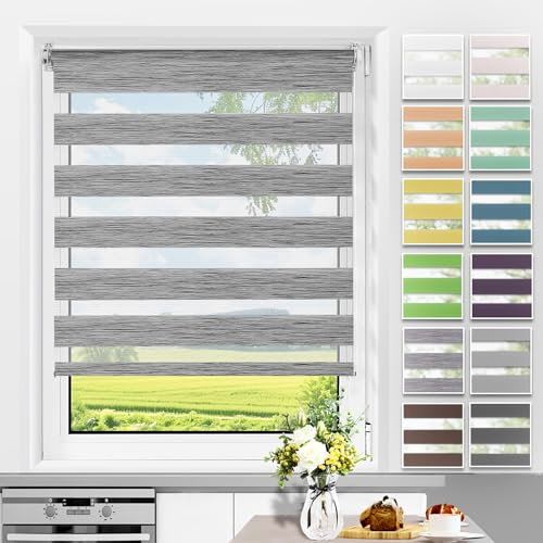 Allesin Doppelrollo Klemmfix ohne Bohren & mit Bohren, Duo Rollos für Fenster und Tür, Klemmrollo Fensterrollo lichtdurchlässig Sichtschutz, B60 x H120cm (Stoffbreite 60cm) Marmor-Grau