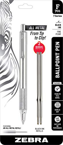 Zebra F-701 Metal Pen - Ballpoint Fine Point Stainless Steel Pen with Knurled Grip, 0.8mm Black Ink, Retractable, 2 Black Ink Refills