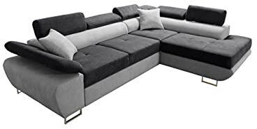 Robin Saturn Premium Ecksofa Schlaffunktion Bettkasten Verstellbare Kopfstützen Kissen Sofa L-Form Schlafsofa Freistehende Eckcouch Schlafcouch Wohnzimmermöbel Wohnlandschaft Rechts Schwarz Silber