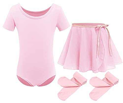 Kinder Mädchen Ballettkleidung Baumwolle Kurzarm Balletttrikot Turnanzug Tanzbody + Chiffon Wickelrock Tütü Rock Tanzkleid + Strumpfhose 3tlg Ballettanzug Rosa 7-8 Jahre