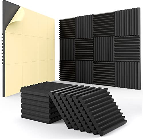 12 Pack Acoustic Panels Self-Adhesive, 1 X 12 X 12 Quick-Recovery Sound Proof Foam, High Density, Soundproof Wall Panels for Home Studio, Carbon Black
