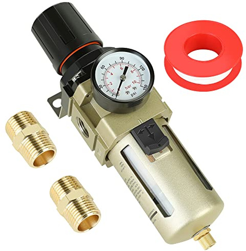 Hromee 1/2 Inch Compressed Filter Regulator Combo, Air Compressor Water Oil Trap Separator with Pressure Gauge, Semi-Auto Drain and Bracket