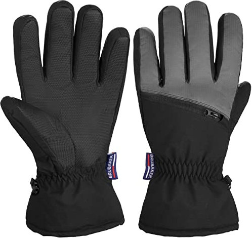 BRUBAKER Skihandschuhe Wasserdicht und Winddicht mit Reißverschluss Tasche - Winterhandschuhe für Herren und Damen - Warme Snowboardhandschuhe - Thermo Handschuhe für Ski Snowboard Schwarz Grau L/XL