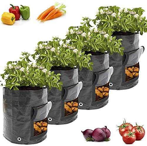 SGerste Pflanzbeutel, 4 Stück Kartoffel Pflanzsack, Pflanztasche, PE Grow Bag mit Griffen für Kartoffeln, Tomaten, Blumen, Süßkartoffeln und mehr (10 Gallon)
