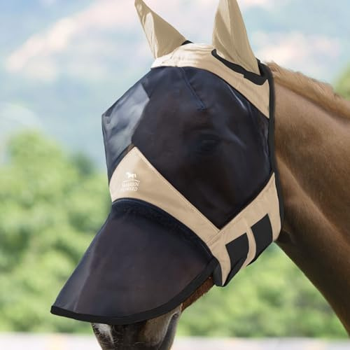 Harrison Howard CareMaster Pro Luminous Horse Fly Mask Large Eye Space Long Nose with Ears UV Protection for Horse Light Champagne