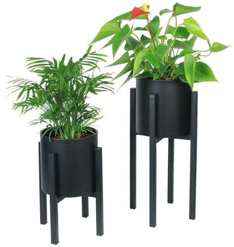 alma home Blumenständer Metall schwarz - 2er Set Blumentopf mit Füßen und Übertopf H 23 und 33 / B 12 cm als Pflanzenständer für innen und außen, Blumenhocker oder Kräutertopf