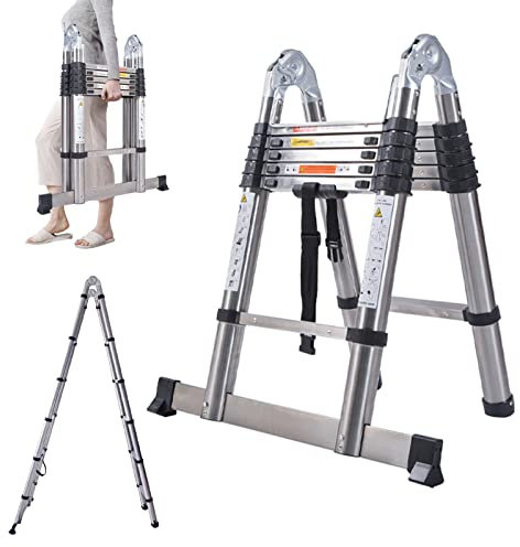 Scala telescopica dritta da 3,8 m, robusta scala pieghevole in acciaio inox, scala 2 in 1, con barra di supporto, carico massimo 150 kg, per lavori domestici all'aperto