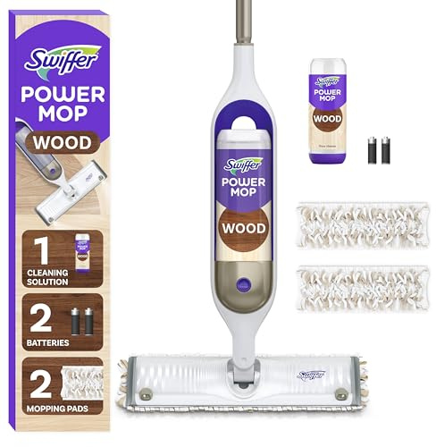 Swiffer Power Mop Wood, Hardwood Floor Cleaner for Mopping Home, Bathroom, Kitchen, All Purpose Multi-Surface Cleaning Set includes PowerMop Wood, 2 Pads, 1 QuickDry Lemon Solution, & 2 Batteries
