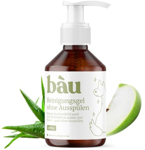 BAU Trockenshampoo für Hunde Ohne Ausspülen – Reinigendes Gel mit Feuchtigkeitspflege und Geruchsneutralisierung – Natürlich und Bio mit Aloe Vera und Lavendel – Ohne Parabene und Silikone - Apfel