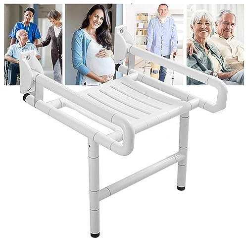 EEUK Duschklappsitz für wandmontage, Badestuhl für senioren klappbar wandmontage duschhocker 300 kg belastbar Duschklappsitz Mit Stützfüßen für Senioren und Behinderte (Color:White)