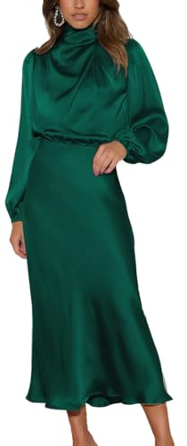 LIAOPUFUS Donna Abito Lungo in Satin Increspato Maniche Lunghe Vestiit Vita in Stile Sciolto Autunno Nuovo Elegante Vestito Cocktail da Donna e Ragazze (Verde scuro,M)