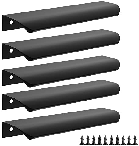 Malimali 5 Pack 150mm Black Kitchen Cupboard Handles, Drawer Handles Pulls | Finger Edge Pulls for Cabinets and Drawers, Wardrobe Door Handles, Modern Aluminum Bathroom Cabinet Handles, Matte Black