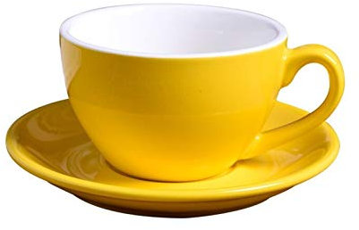 SaaRi Modern Ceramic 220ml CAPPUCCINO Coffee Cup Set with Saucer and Spoon (4 Count, Yellow)