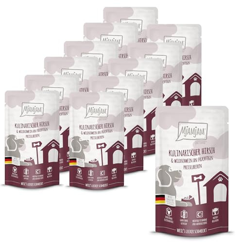 MjAMjAM - Nourriture humide premium pour chiens - Quetschie - viande de cerf et de sanglier gourmande accompagnée d’airelles fruitées, pack de 12 (12 x 125g)