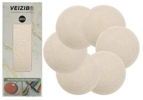 Manteles Individuales or Posavasos Redondos Trenzados 6pcs 36cm (14) Tejidos a Mano de Ramio Lavables Antideslizantes Resistentes al Calor, Decorativos para Mesa de Comedor Cocina Interior Exterior