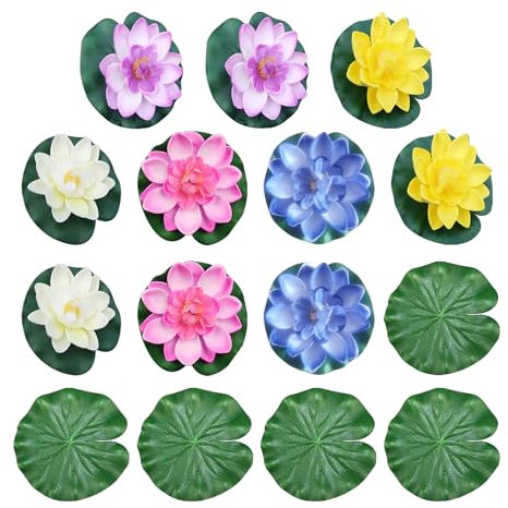 TYGFRT 10 Pieces of Simulated Lotus Flowers, 5 Pieces of Simulated Lotus Leaves, Pond Plant Ornaments, Artificial Plants, Flower Decorations, Pond Pool Kit Decoration