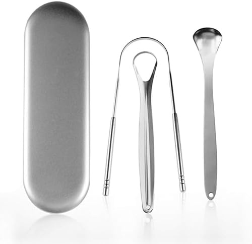 INF Zungenschaber aus Edelstahl im 3er-Pack, Beseitigen Sie Mundgeruch, Einfach zu verwenden und zu reinigen, Wird mit einem Aufbewahrungskoffer geliefert, silber