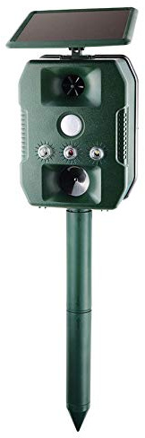 INF Espantapájaros alimentado por energía solar con sensor de movimiento y sonido, repelente ultrasónico y LED, repelente de pájaros humano, resistente a la intemperie y diseño adecuado